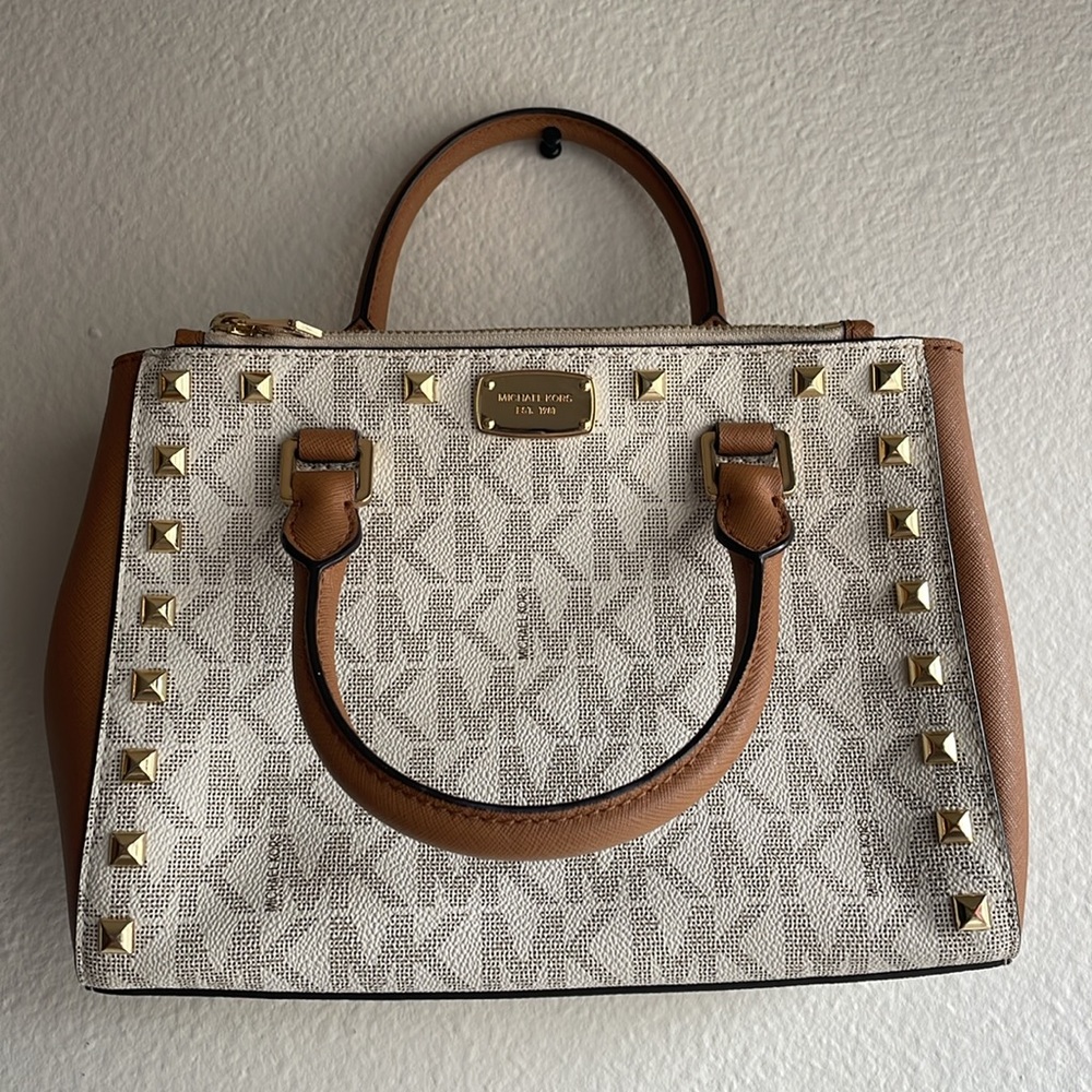 Michael Kors Studded Signature Satchel – Vanilla/Tan – Gold Hardware - Picture 2 of 6